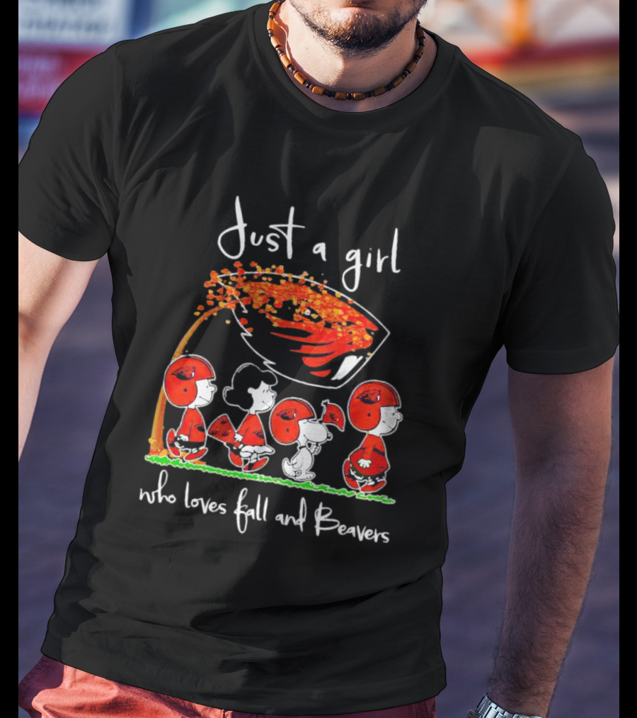 Just A Girl Who Loves Fall And Beavers Peanuts Characters In Football Gear T-Shirt