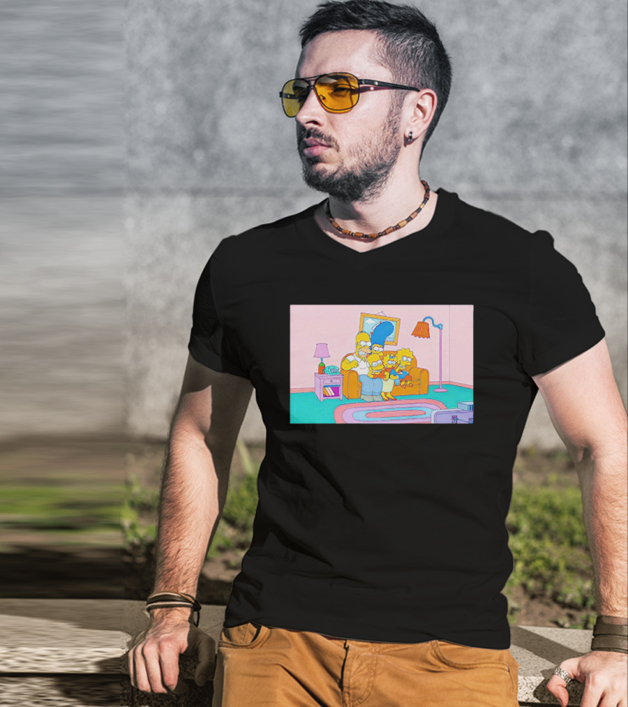 The Simpsons Family Sitting On Couch Retro Style Scene T-Shirt
