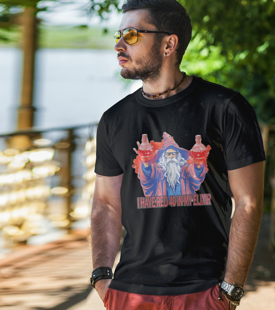 Wizard Holding Two Red Elixirs With Text 'I Have Red 40 In My Elixir' T-Shirt