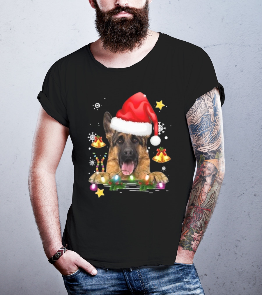 Happy Merry Christmas Lights German Shepherd Dog Festive Santa Hat T-Shirt