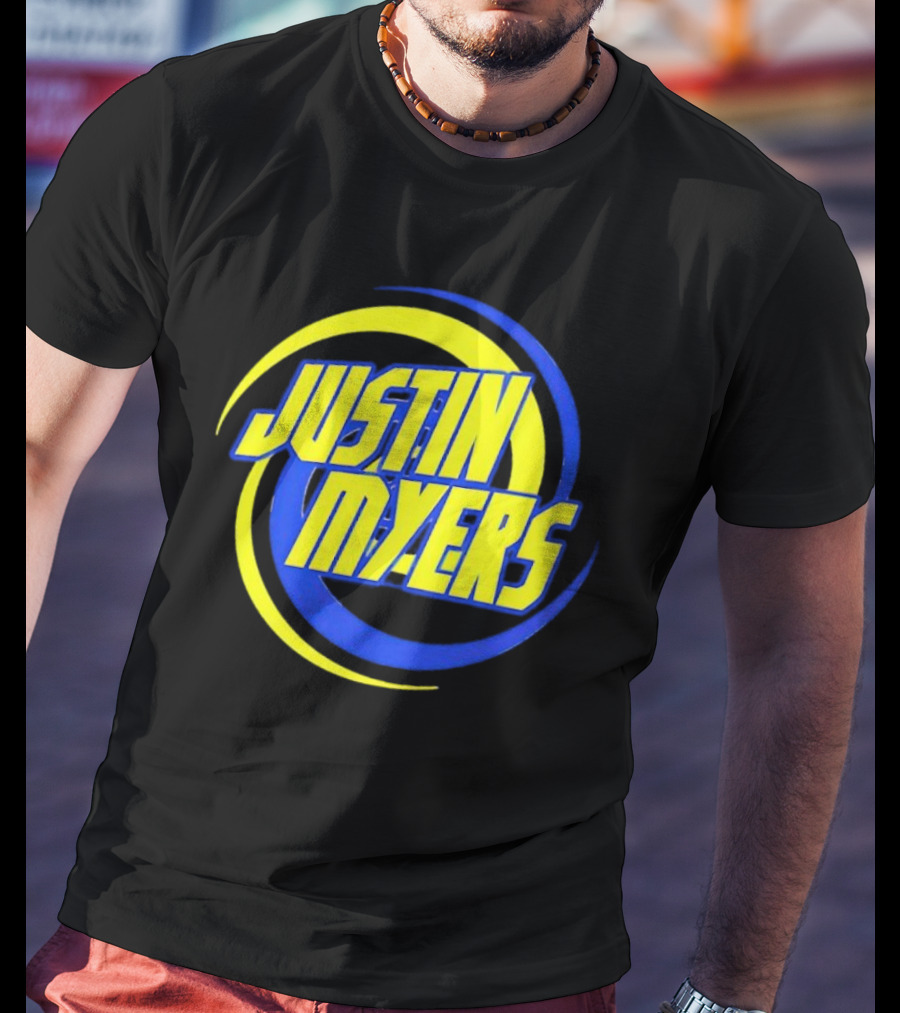JUSTIN MYERS Blue Yellow Spiral Circle Text T-Shirt