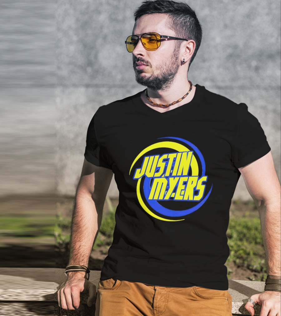 JUSTIN MYERS Blue Yellow Spiral Circle Text T-Shirt