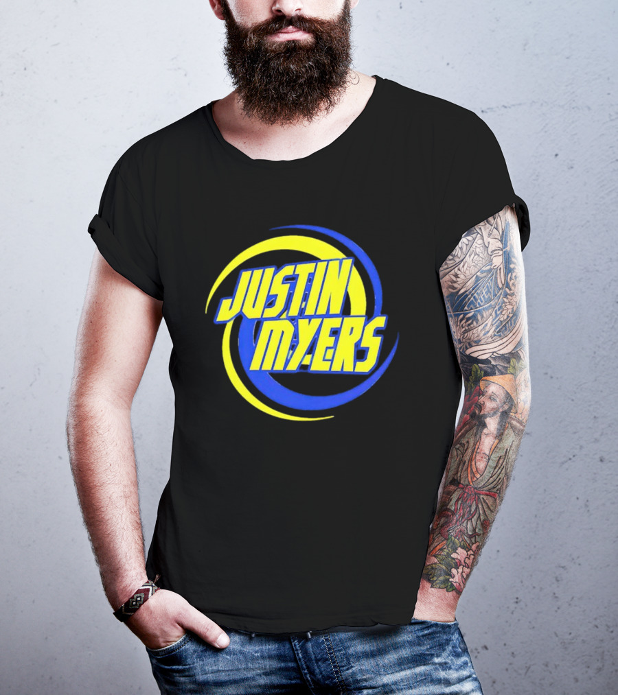 JUSTIN MYERS Blue Yellow Spiral Circle Text T-Shirt