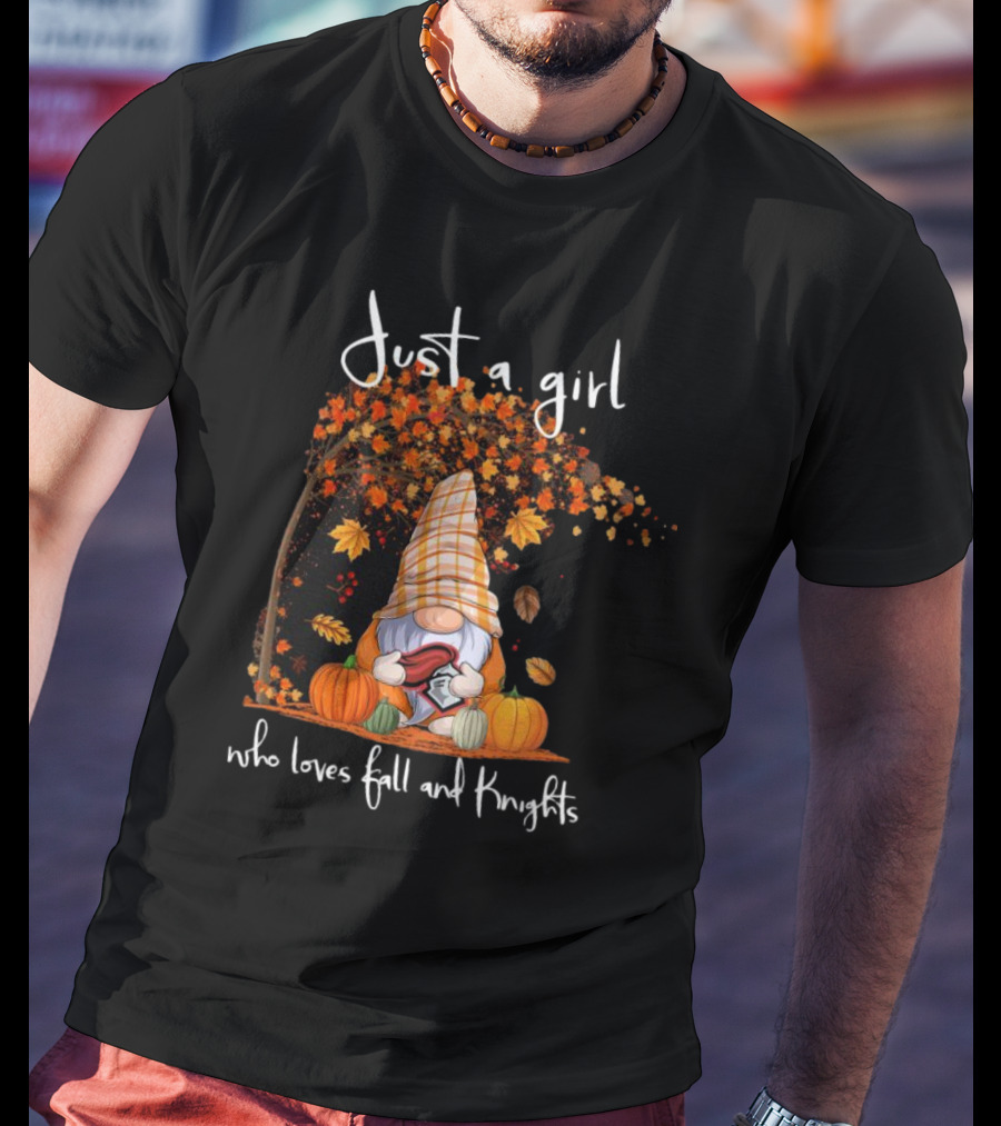 Just A Girl Who Loves Fall And Knights With Gnome And Autumn Leaves T-Shirt