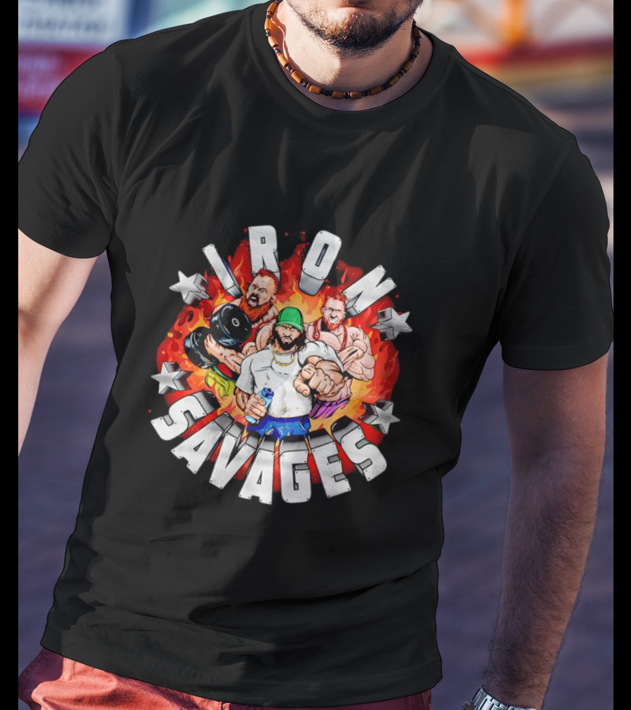 Iron Savages Pumping Iron Bodybuilders With Stars And Flames T-Shirt
