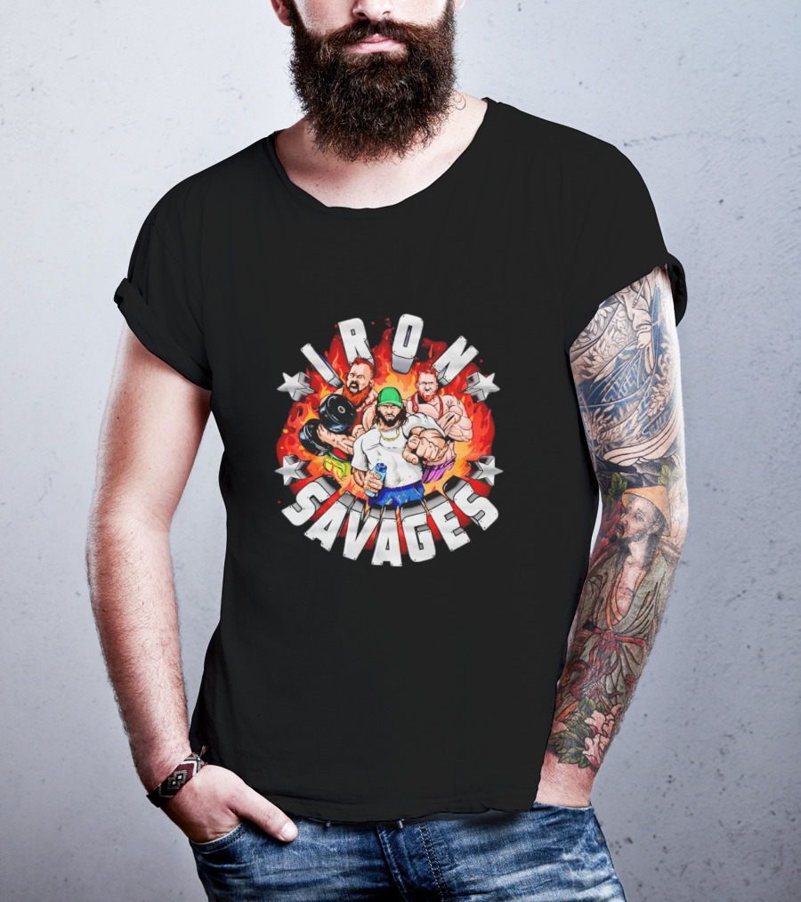 Iron Savages Pumping Iron Bodybuilders With Stars And Flames T-Shirt