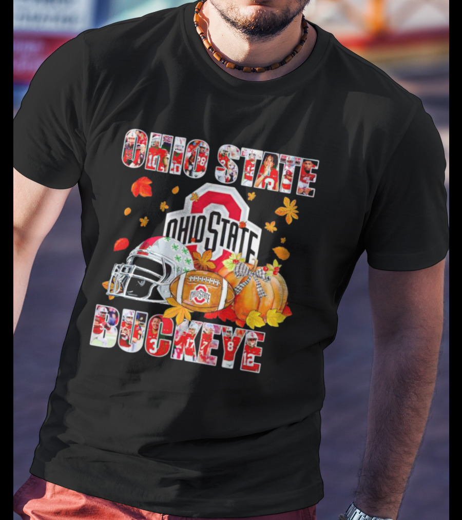 Ohio State Buckeyes Football Autumn Leaves Helmet Pumpkins T-Shirt