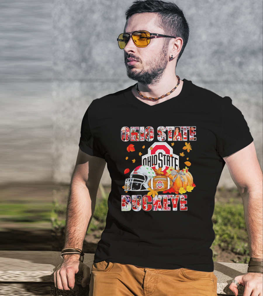 Ohio State Buckeyes Football Autumn Leaves Helmet Pumpkins T-Shirt