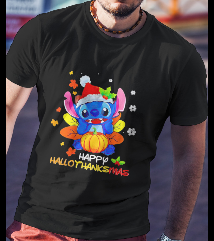 Stitch Happy Hallothanksmas Santa Hat Pumpkin Leaves Snowflakes T-Shirt
