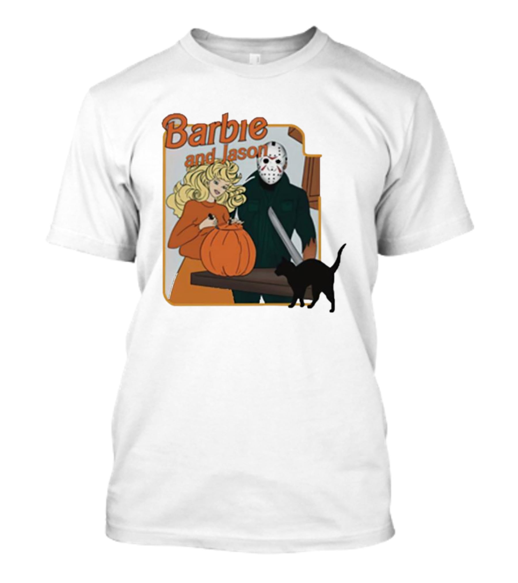 Barbie And Jason Halloween Pumpkin Carving With Black Cat T-Shirt
