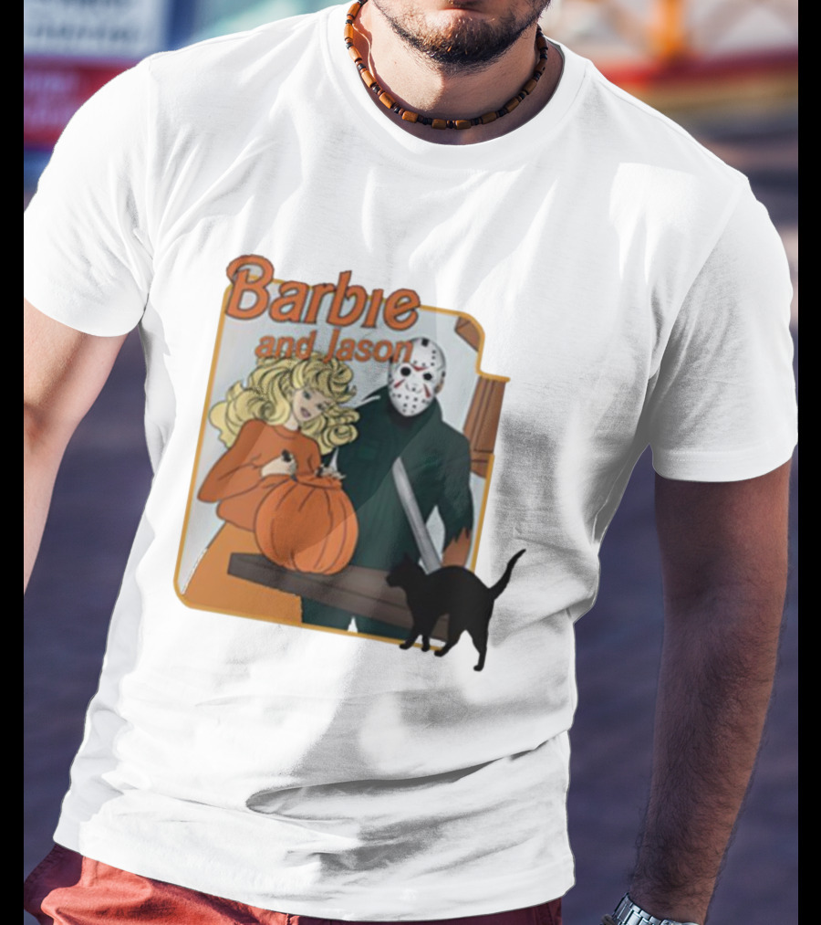 Barbie And Jason Halloween Pumpkin Carving With Black Cat T-Shirt
