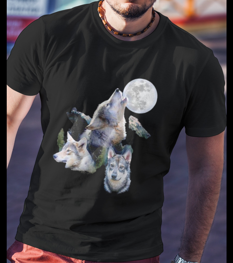 Gas Station Wolf Howling At Full Moon Trio T-Shirt