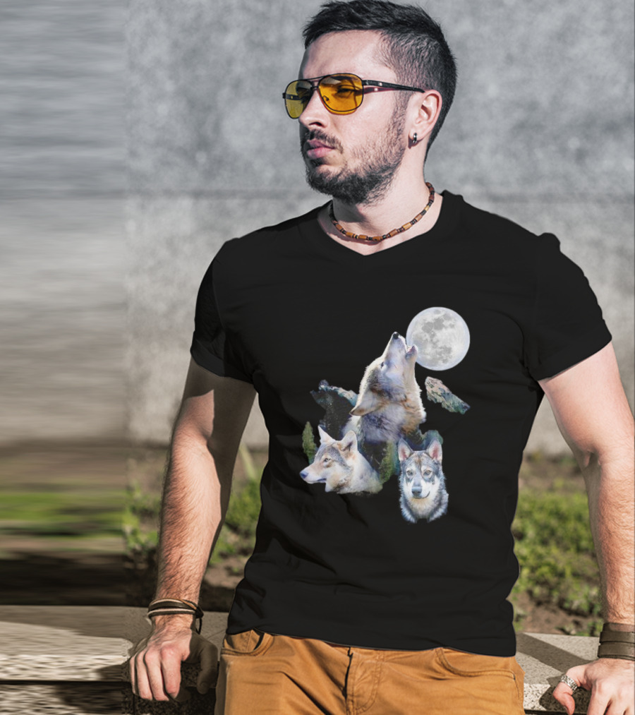 Gas Station Wolf Howling At Full Moon Trio T-Shirt
