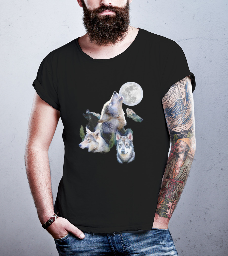 Gas Station Wolf Howling At Full Moon Trio T-Shirt
