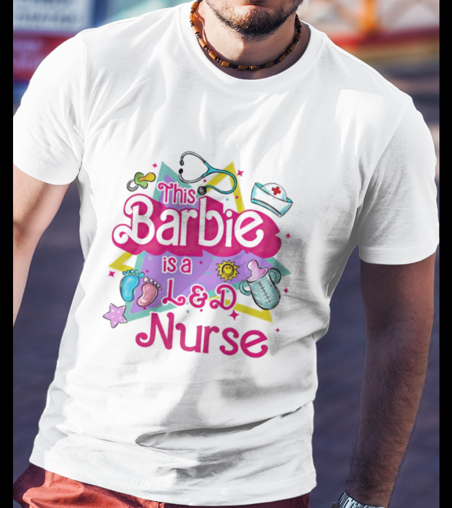 This Barbie Is A L&D Nurse With Stethoscope Baby Feet Bottle Sun Icons T-Shirt