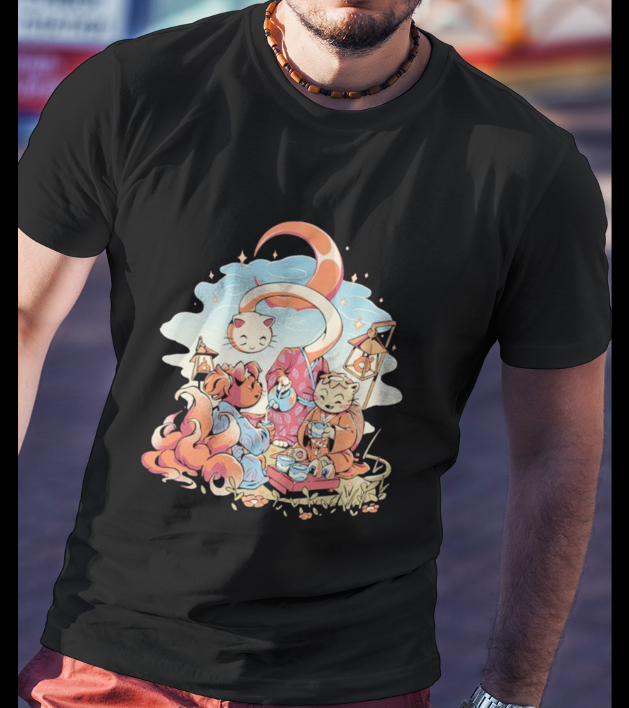 Cat Night Tea Lunar Gathering Whimsical Feline Picnic T-Shirt