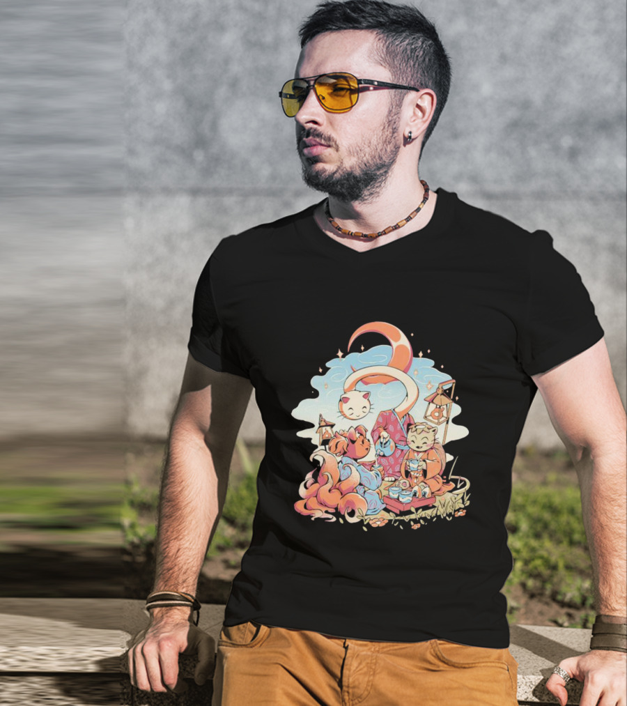 Cat Night Tea Lunar Gathering Whimsical Feline Picnic T-Shirt