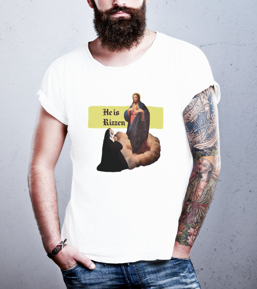 He Is Rizzen Jesus With Nun Praying On Cloud T-Shirt