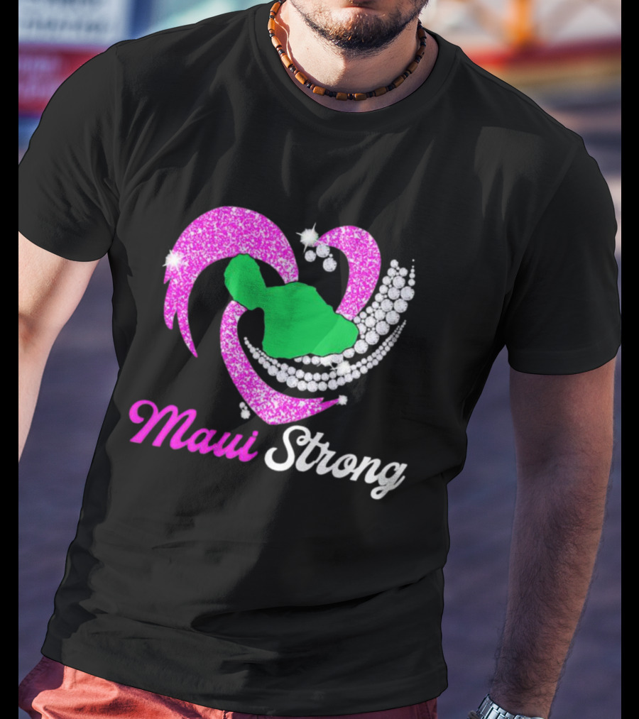 Maui Strong Pink Glitter Heart With Green Island And Diamond Accents T-Shirt