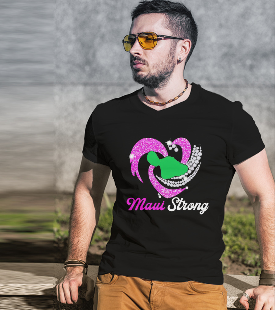 Maui Strong Pink Glitter Heart With Green Island And Diamond Accents T-Shirt