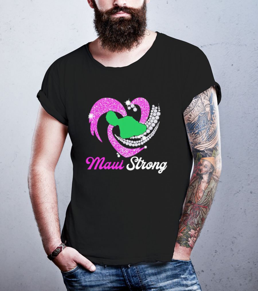 Maui Strong Pink Glitter Heart With Green Island And Diamond Accents T-Shirt
