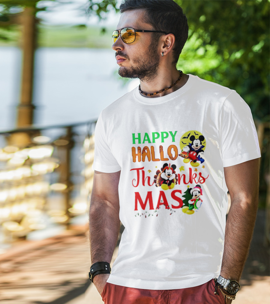 Mickey Mouse Happy Hallothanksmas Halloween Thanksgiving Christmas T-Shirt
