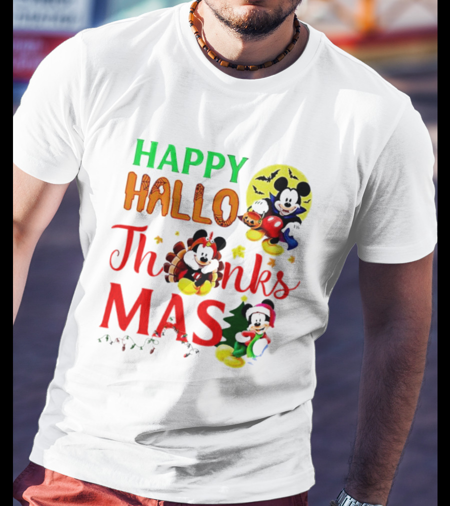 Mickey Mouse Happy Hallothanksmas Halloween Thanksgiving Christmas T-Shirt