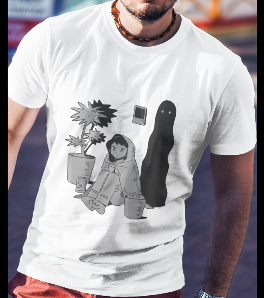 Phantom Cozy: Ghostly Companion And Snuggled Figure With Plant And Snacks T-Shirt