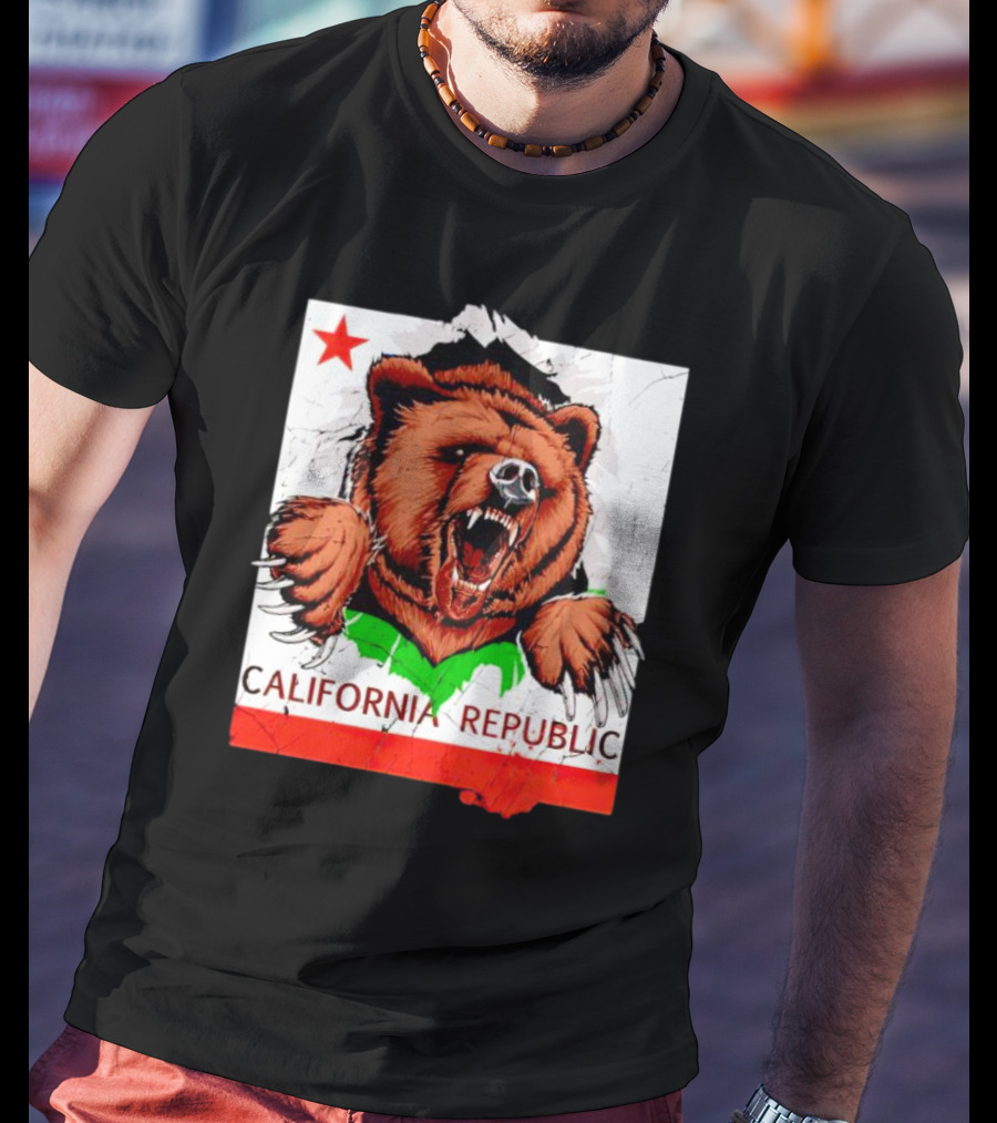 California Republic Bear Roaring Star Red Stripe T-Shirt