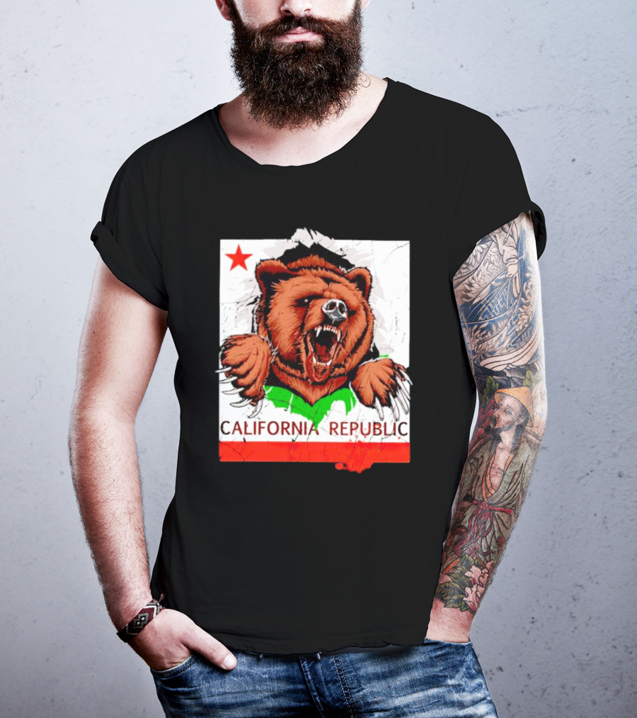 California Republic Bear Roaring Star Red Stripe T-Shirt