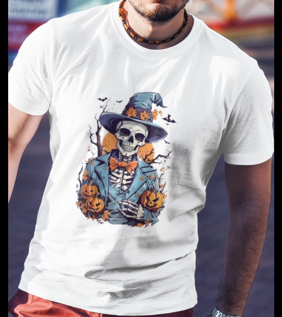 Happy Halloween Skeleton Jack-O'-Lantern Bow Tie Hat T-Shirt