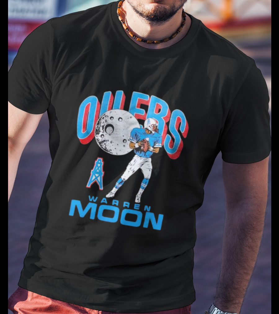 Oilers Warren Moon Football Player With Oil Derrick And Moon Balloon T-Shirt