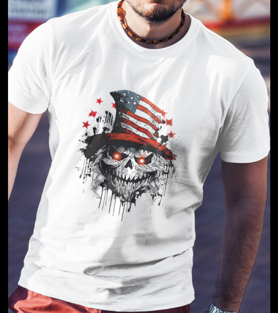 Uncle Sam Skull With American Flag Hat And Red Stars T-Shirt