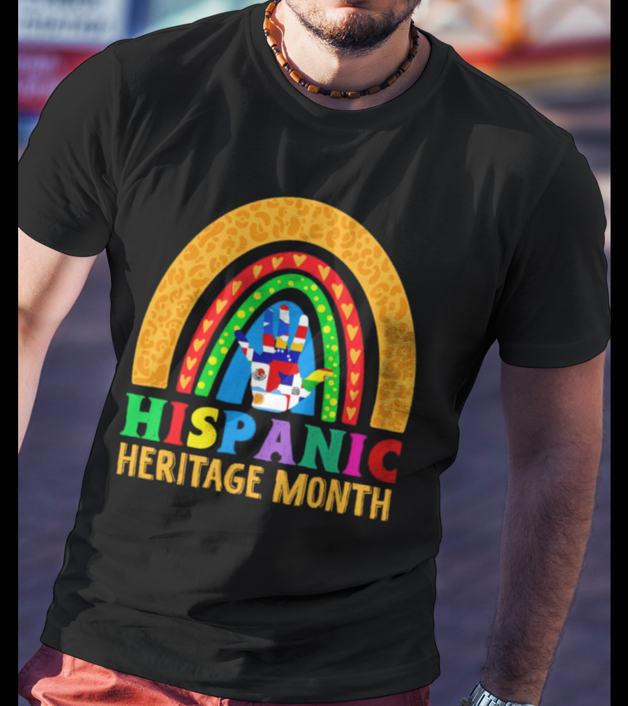 Hispanic Heritage Month Rainbow With Flag Mosaic Hand T-Shirt