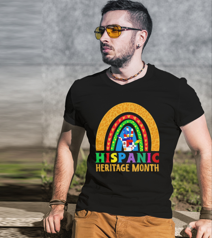 Hispanic Heritage Month Rainbow With Flag Mosaic Hand T-Shirt