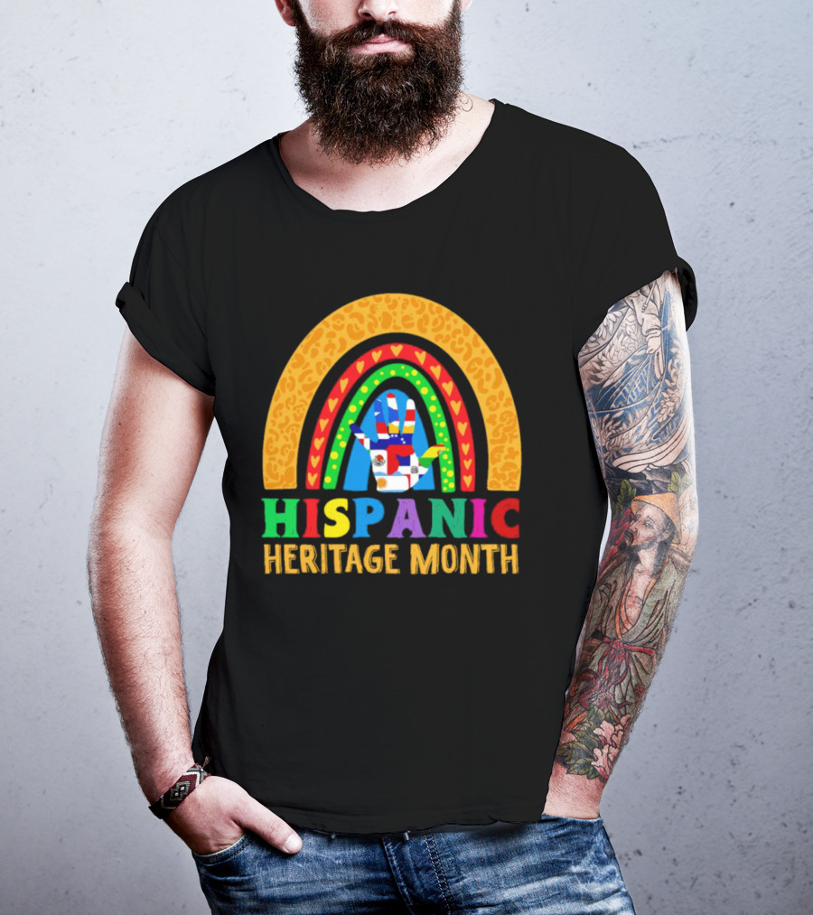 Hispanic Heritage Month Rainbow With Flag Mosaic Hand T-Shirt