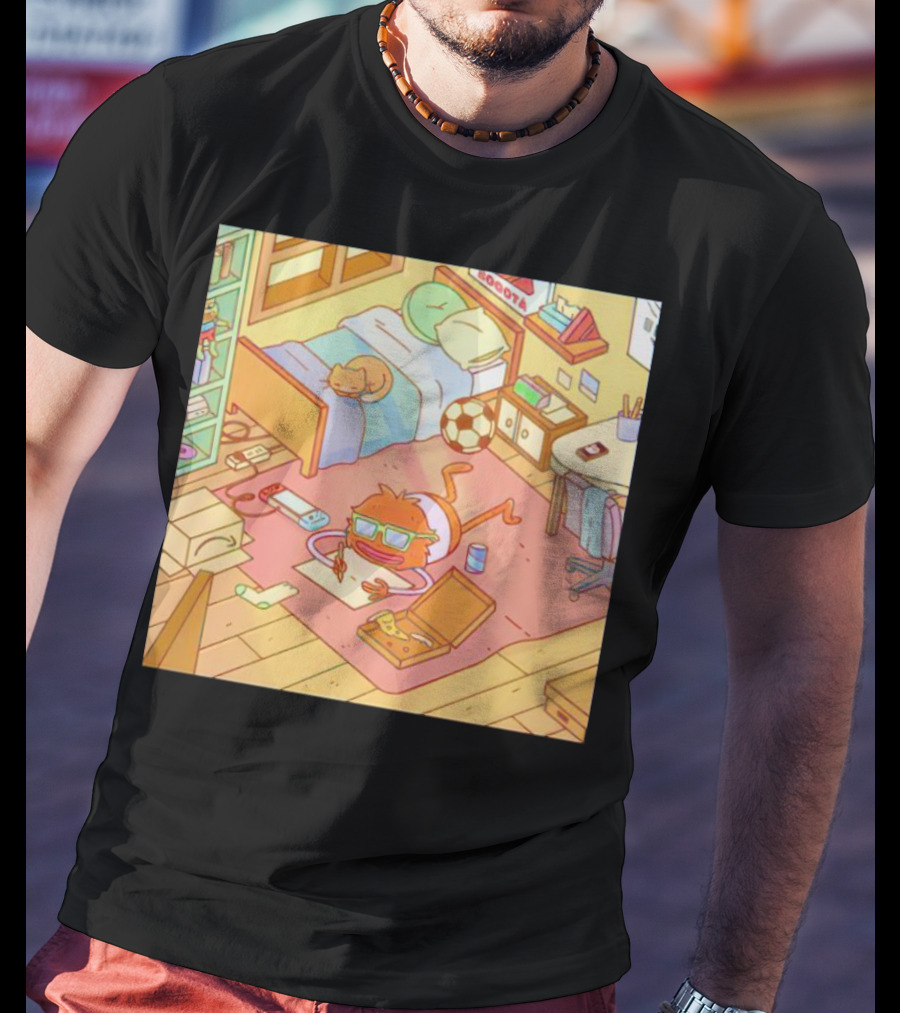 Chillin' Wolfi Gaming Bedroom With Cat And Pizza T-Shirt