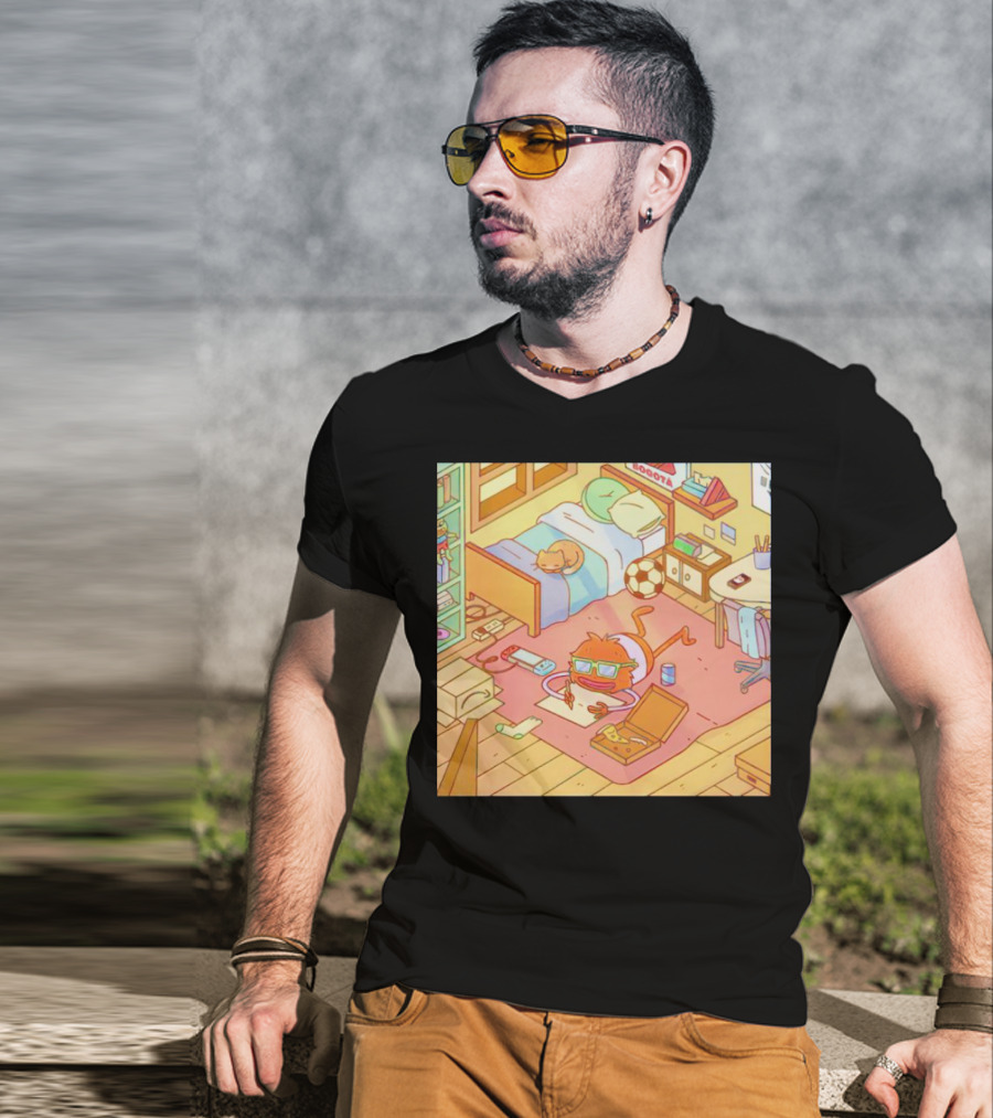 Chillin' Wolfi Gaming Bedroom With Cat And Pizza T-Shirt