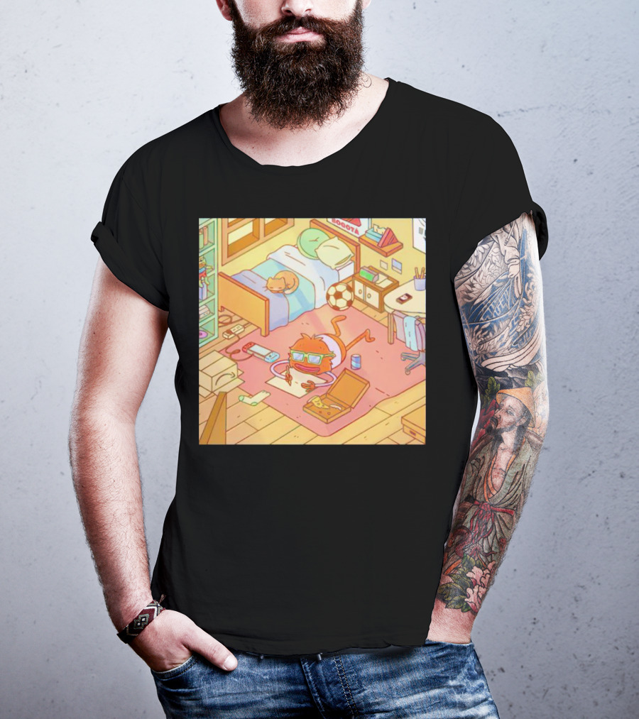 Chillin' Wolfi Gaming Bedroom With Cat And Pizza T-Shirt
