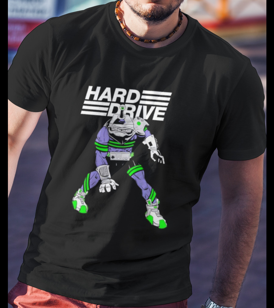 HARD DRIVE Futuristic Cyborg With Green And Purple Accents T-Shirt