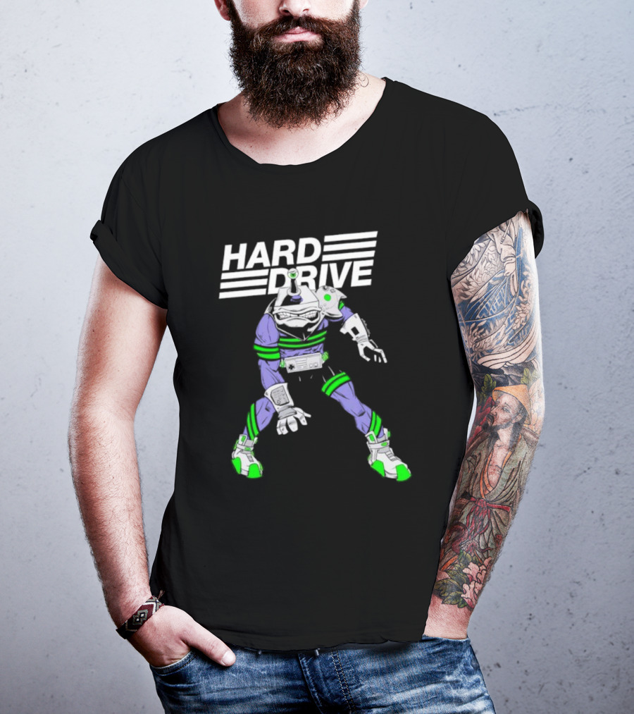 HARD DRIVE Futuristic Cyborg With Green And Purple Accents T-Shirt