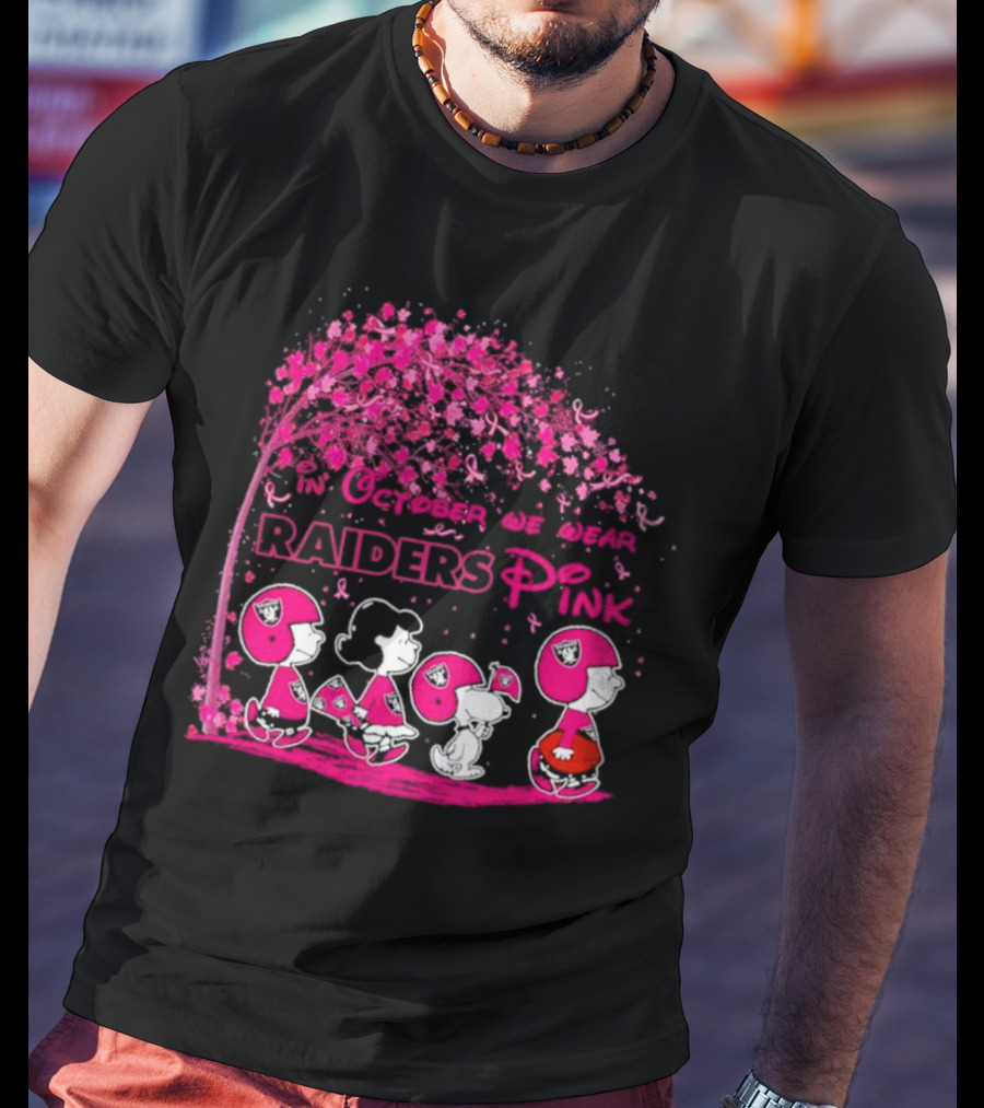 In October We Wear Raiders Pink Peanuts Breast Cancer Awareness T-Shirt