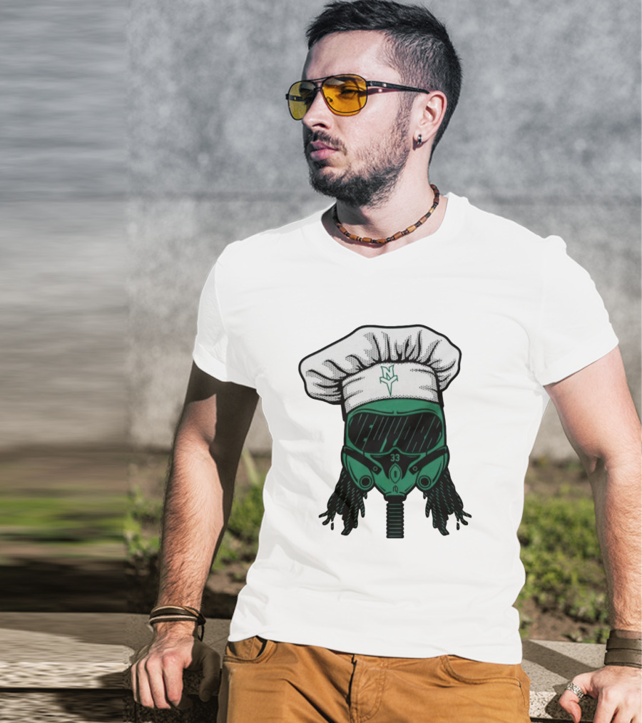 Jet Pilot Cook Chef Hat And Mask With Green Helmet And Braids T-Shirt