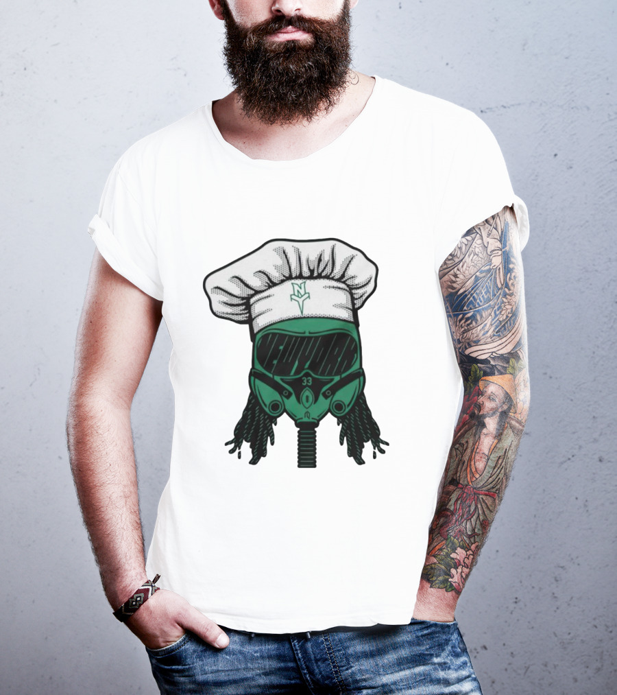 Jet Pilot Cook Chef Hat And Mask With Green Helmet And Braids T-Shirt