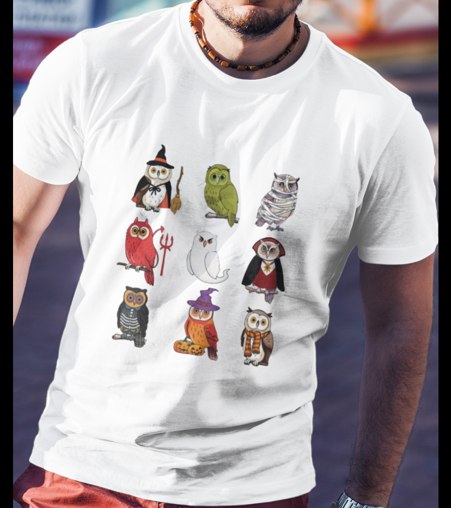Halloween Witch Ghost Mummy Vampire Devil Skeleton Pumpkins Scarf Owls T-Shirt