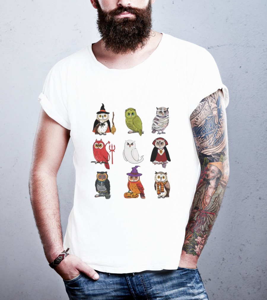 Halloween Witch Ghost Mummy Vampire Devil Skeleton Pumpkins Scarf Owls T-Shirt