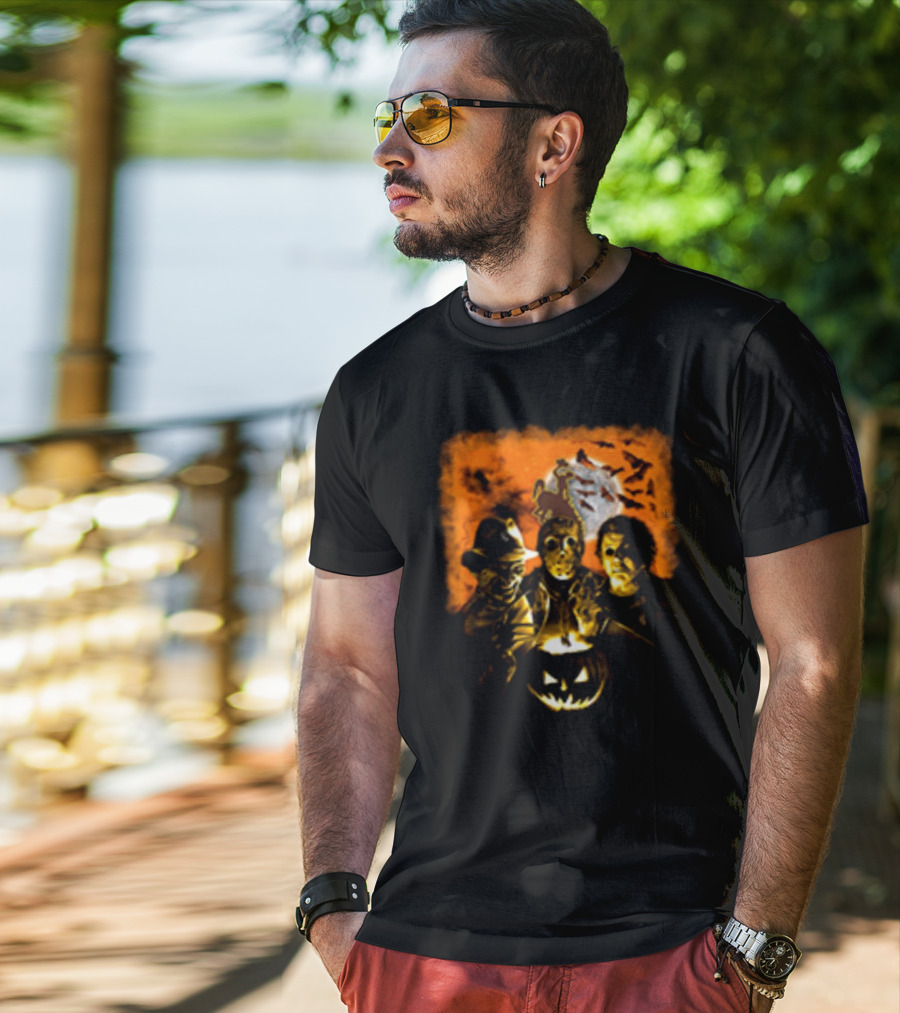 Horror Movies Freddy Krueger Jason Voorhees Michael Myers Halloween Wyoming Cowboys Jack-O'-Lantern Moon Bats T-Shirt