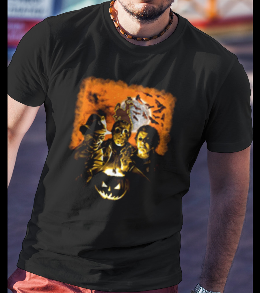 Horror Movies Freddy Krueger Jason Voorhees Michael Myers Halloween Wyoming Cowboys Jack-O'-Lantern Moon Bats T-Shirt