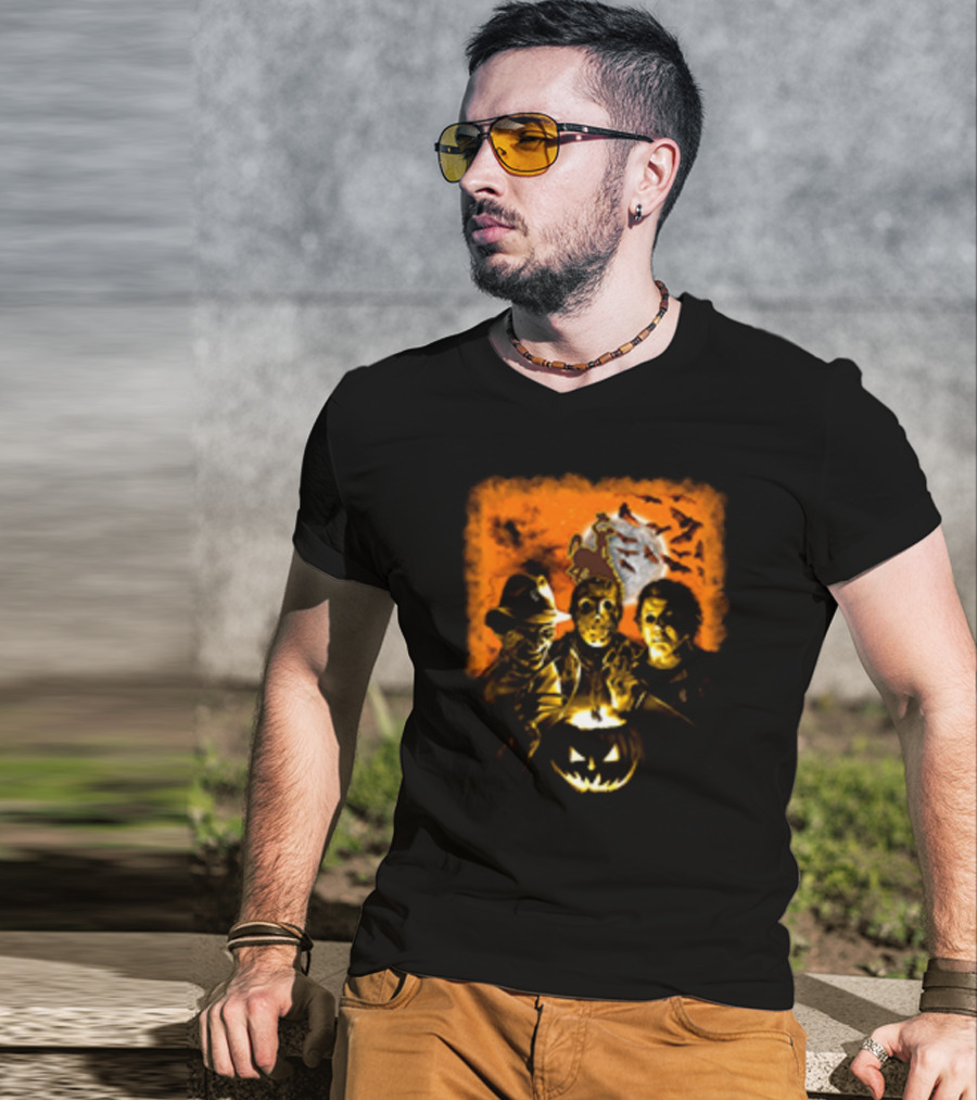 Horror Movies Freddy Krueger Jason Voorhees Michael Myers Halloween Wyoming Cowboys Jack-O'-Lantern Moon Bats T-Shirt