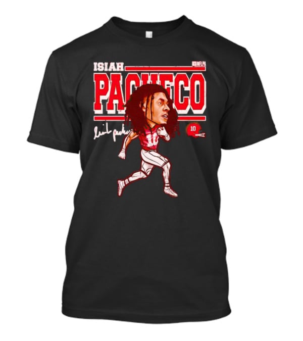 ISIAH PACHECO NFLPA Signature Caricature With Number 10 And Red Helmet T-Shirt